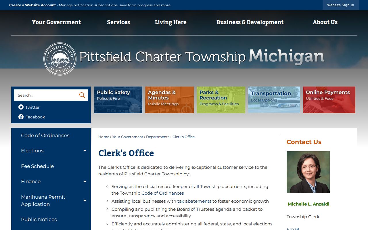 Pittsfield Township residents directory Clerk Office records route