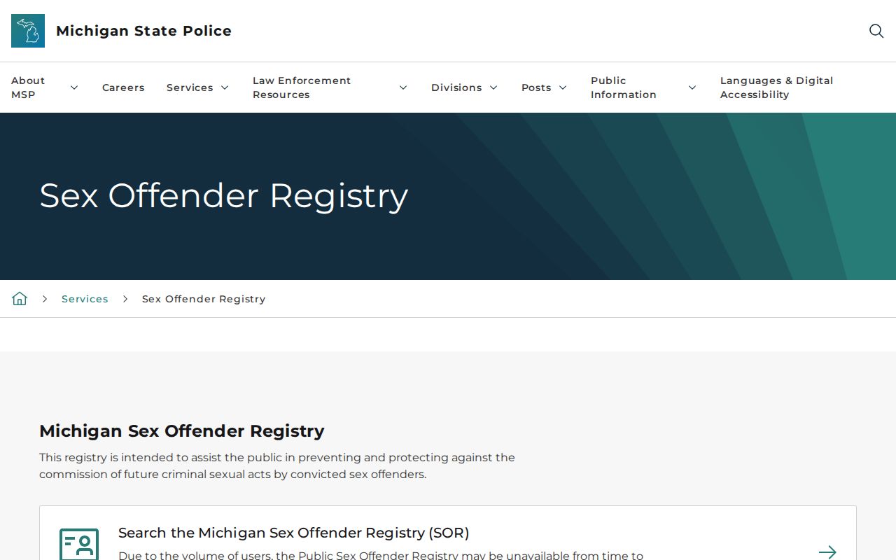 Pittsfield Township resident lookup limitation shown in Michigan statutory registry search