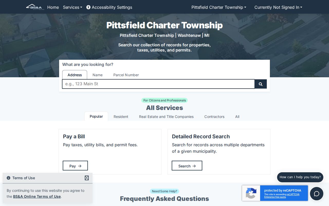 Pittsfield Township street directory BS&A address, name, and parcel search modes