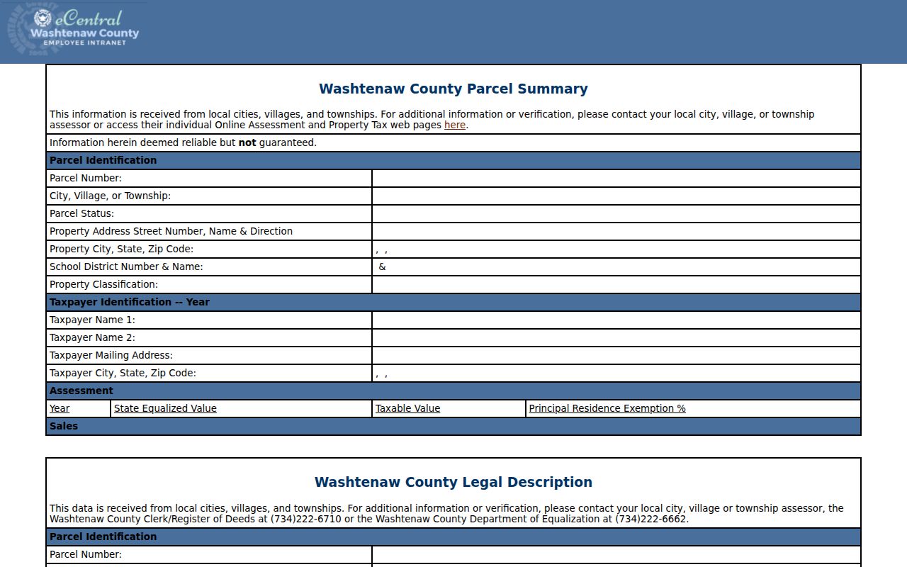 Pittsfield Township ZIP code directory Washtenaw parcel report fields